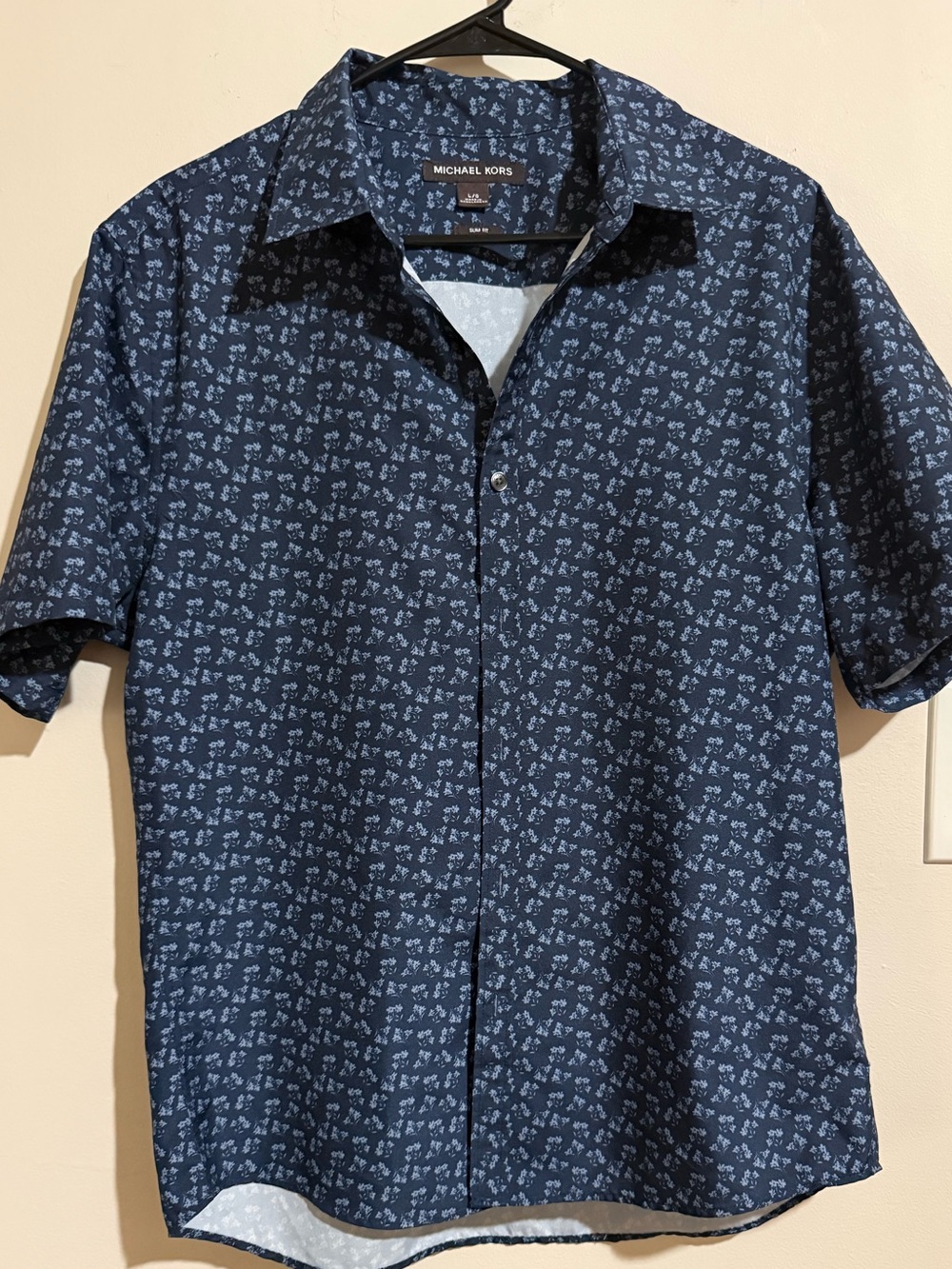 Michael Kors Navy Short-Sleeve Slim Fit Button-Up with Light Blue Floral Print